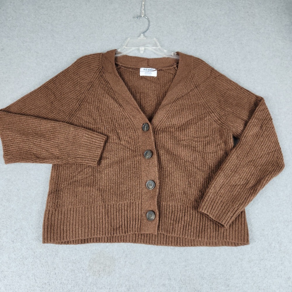 Old Navy Cardigan Sweater Womens M Brown Ribbed Knit Button V-Neck Button Front